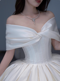 Off-shoulder Ball Gown Satin Long Wedding Dresses White Bridal Gowns Short Sleeve Bridal Dresses HZ1024