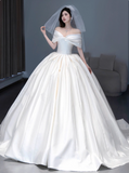 Off-shoulder Ball Gown Satin Long Wedding Dresses White Bridal Gowns Short Sleeve Bridal Dresses HZ1024