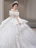 Off-the-shoulder Ball Gown Lace Long Wedding Dresses Applique White Bridal Gowns Short Sleeve Bridal Dresses HZ1024