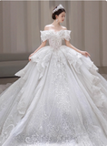 Off-the-shoulder Ball Gown Lace Long Wedding Dresses Applique White Bridal Gowns Short Sleeve Bridal Dresses HZ1024