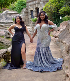 Sweetheart Sheath Black Long Prom Dresses with Slit Beaded Satin Black Evening Dresses HZ1024