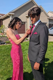 Spaghetti Strap Sheath Fuchsia Long Prom Dresses with Slits Fuchsia Formal Dresses HZ1024