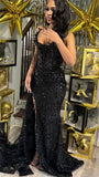 Strapless Sheath Black Long Prom Dresses with Slits Beaded Tulle Black Birthday Dresses HZ1024