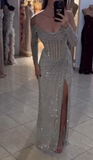 Off-the-shoulder Sheath Silver Long Prom Dresses with Slits Sequined Silver Evening Dresses HZ1024