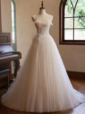 Sweetheart Neck Tulle Champagne Long Prom Dress With Lace HZ1024
