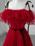 Off Shoulder Tulle Burgundy Long Prom Dress, Burgundy Long Formal Dress HZ1024