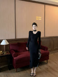 Flower V-Neck Long Sleeve Knitted Dress HZ1024
