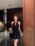 diamond v-neck black halter dress birthday dress HZ1024