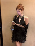 diamond v-neck black halter dress birthday dress HZ1024