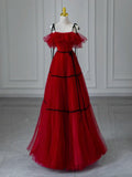 Off Shoulder Tulle Burgundy Long Prom Dress, Burgundy Long Formal Dress HZ1024