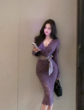 V-neck lace high waist long sleeve dress HZ1024