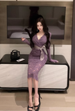 V-neck lace high waist long sleeve dress HZ1024