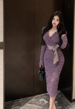 V-neck lace high waist long sleeve dress HZ1024