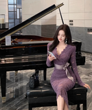 V-neck lace high waist long sleeve dress HZ1024