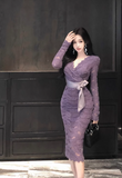 V-neck lace high waist long sleeve dress HZ1024