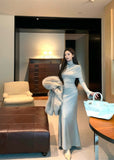 Temperament trumpet sleeve high collar dress + neck cape HZ1024