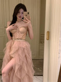 heavy mesh lace tube top irregular slit dress HZ1024