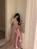 heavy mesh lace tube top irregular slit dress HZ1024