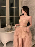 heavy mesh lace tube top irregular slit dress HZ1024