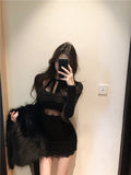 lace stitching slim fit long sleeve halter neck knitted dress HZ1024