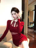 lace stitching slim fit long sleeve halter neck knitted dress HZ1024
