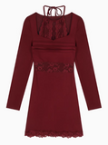 lace stitching slim fit long sleeve halter neck knitted dress HZ1024