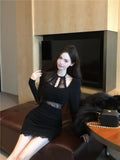 lace stitching slim fit long sleeve halter neck knitted dress HZ1024