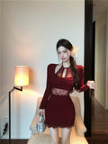 lace stitching slim fit long sleeve halter neck knitted dress HZ1024