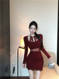 lace stitching slim fit long sleeve halter neck knitted dress HZ1024