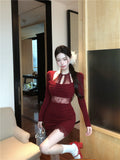 lace stitching slim fit long sleeve halter neck knitted dress HZ1024