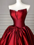 A-Line Satin Burgundy Long Prom Dress, Burgundy Long Evening Dress HZ1024