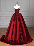 A-Line Satin Burgundy Long Prom Dress, Burgundy Long Evening Dress HZ1024