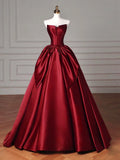 A-Line Satin Burgundy Long Prom Dress, Burgundy Long Evening Dress HZ1024