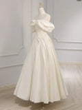 Shoulder A-Line Satin Beige Long Prom Dress, Beige Long Formal Dress HZ1024