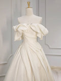 Shoulder A-Line Satin Beige Long Prom Dress, Beige Long Formal Dress HZ1024