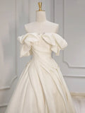 Shoulder A-Line Satin Beige Long Prom Dress, Beige Long Formal Dress HZ1024