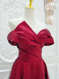 Off Shoulder Satin Tulle Burgundy Long Prom Dress HZ1024