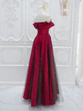 Off Shoulder Satin Tulle Burgundy Long Prom Dress HZ1024