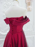 Off Shoulder Satin Tulle Burgundy Long Prom Dress HZ1024