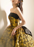 Yellow Satin Lace Long Prom Dress, Yellow Long Evening Dress HZ1024