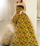 Yellow Satin Lace Long Prom Dress, Yellow Long Evening Dress HZ1024
