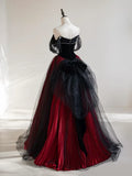 Off Shoulder Tulle Black/Burgundy Long Prom Dress HZ1024