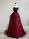 Off Shoulder Tulle Black/Burgundy Long Prom Dress HZ1024