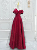 Off Shoulder Satin Tulle Burgundy Long Prom Dress HZ1024