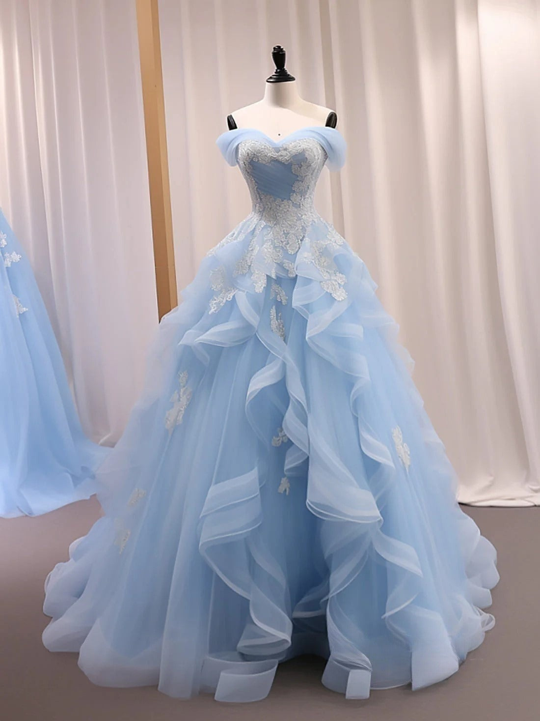 ??Blue A-Line Long Prom Dress for Birthday&Quinceanera Sweet Tulle Lace off Shoulder Evening Dresses HZ1024