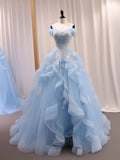 ??Blue A-Line Long Prom Dress for Birthday&Quinceanera Sweet Tulle Lace off Shoulder Evening Dresses HZ1024