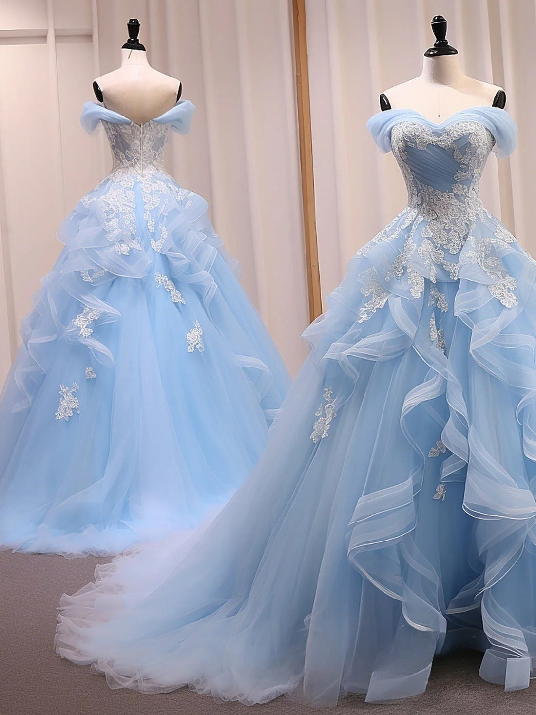 ??Blue A-Line Long Prom Dress for Birthday&Quinceanera Sweet Tulle Lace off Shoulder Evening Dresses HZ1024
