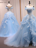 ??Blue A-Line Long Prom Dress for Birthday&Quinceanera Sweet Tulle Lace off Shoulder Evening Dresses HZ1024