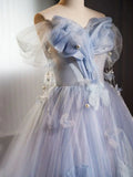 Off Shoulder Tulle Flower Blue Long Prom Dress, Blue Long Formal Dress HZ1024