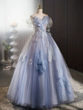Off Shoulder Tulle Flower Blue Long Prom Dress, Blue Long Formal Dress HZ1024
